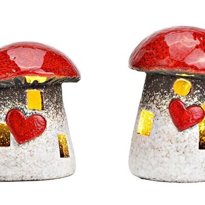 Casetta per funghi decorativa in ceramica con LED, rosso-bianco, 2 volte, (L/A/P) 8x11x8 cm