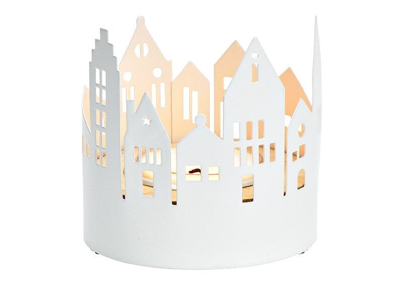 Teelichthalter Haus aus Metall, Holz weiß (B/H/T) 7x7x7cm