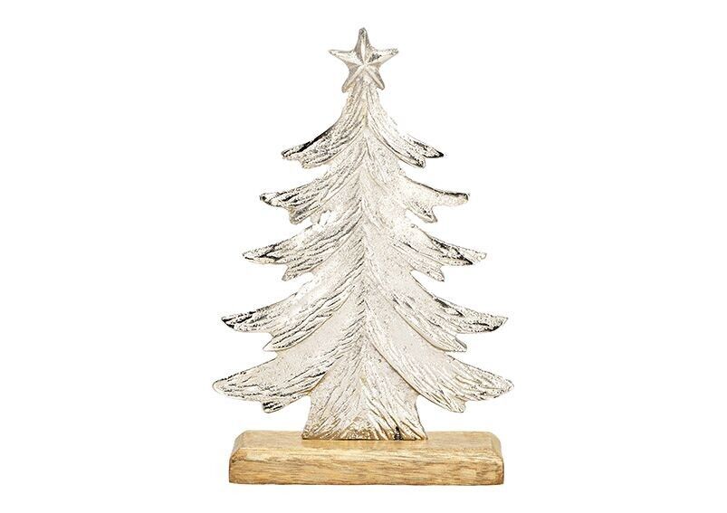 Aufsteller Tannenbaum auf Mangoholzsockel aus Metall silber (B/H/T) 14x21x5cm