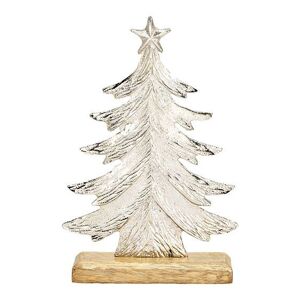 Pied de sapin de Noël sur socle en bois de manguier en métal argenté (L/H/P) 14x21x5cm