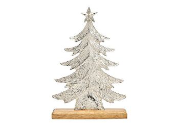 Pied de sapin de Noël sur socle en bois de manguier en métal argenté (L/H/P) 18x26x5cm