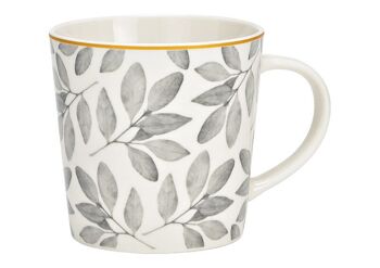 Mug décor feuille en porcelaine blanc, gris (L/H/P) 14x10x10cm 300ml