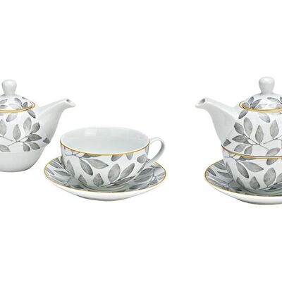 Teekannen-Set Blatt Dekor 3-er Set, aus Porzellan weiß, grau (B/H/T) 16x15x15cm 400/200ml