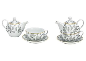 Service de théière décor feuille, lot de 3, en porcelaine blanc, gris (L/H/P) 16x15x15cm 400/200ml