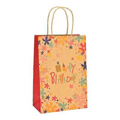 Sac cadeau joyeux anniversaire, en papier/carton marron (L/H/P) 18x27x10cm