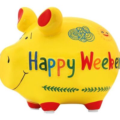 Hucha KCG cerdito pequeño Happy Weekend de cerámica de colores (an/al/pr) 12x9x9cm