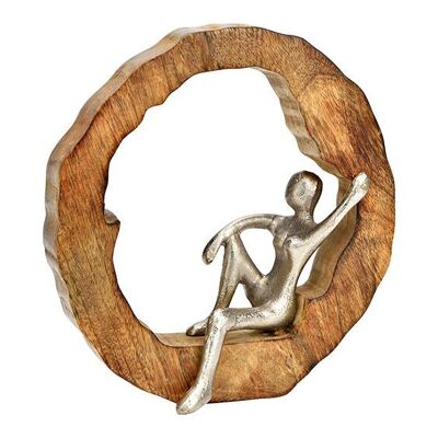 Scultura con supporto in legno di mango naturale, figura in argento (L/A/P) 20x22x6 cm