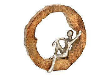 Sculpture sur pied en bois de manguier naturel, figurine argentée (L/H/P) 20x22x6cm