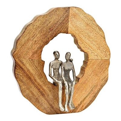 Escultura de pie de madera de mango natural, figuras plateadas (An/Al/Pr) 30x33x8cm