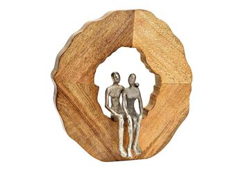 Sculpture sur pied en bois de manguier naturel, figures argent (L/H/P) 30x33x8cm