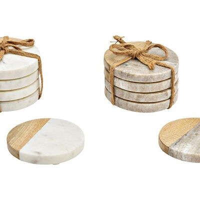 Set sottobicchieri in marmo, legno di mango, set di 4, beige, bianco 2 volte, (H) 1 cm Ø10 cm