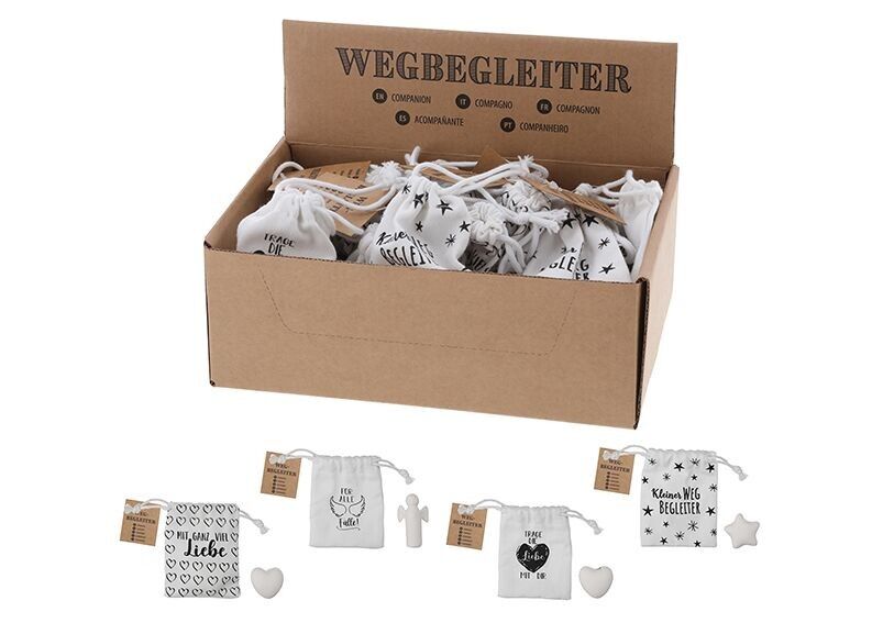 Taschenbegleiter Glücksbringer aus Keramik 4-fach Engel 3x1,7x5,1cm, Herz 3x1,7x2,8cm Stern 3,3x1,8x2,7cm im Stoffbeutel mit Print