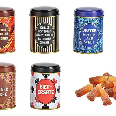 Fruit gum bottles in a tin, 100g, motif, men, made of metal, colored, 5-fold, (W/H/D) 7x10x7cm