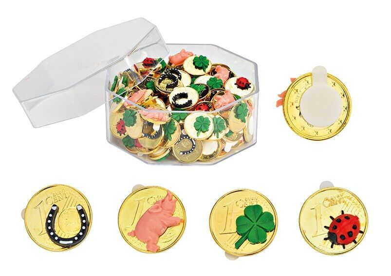 Cent euro porte-bonheur avec symboles en métal doré, 4 fois, (L/H/P) 1,5x0,2x1,5cm