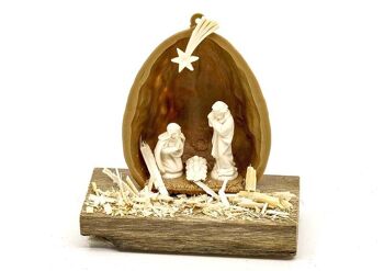 Crèche de Noël en moitié de noix sur planche de bois, à coller, en plastique, bois marron (L/H/P) 5x5x2cm