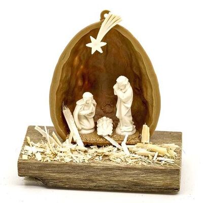 Nativity scene in walnut half on wooden board, for gluing, made of plastic, wood brown (W/H/D) 5x5x2cm