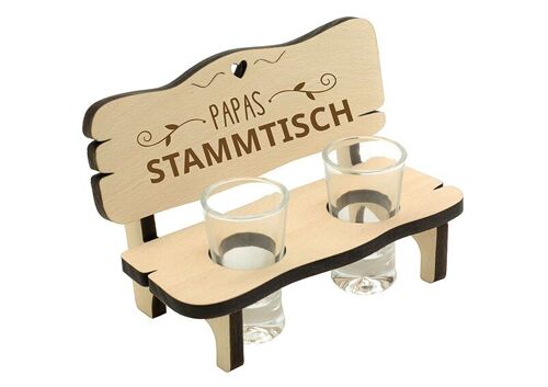 Schnapsbank mit 2 Gläsern Papas Stammtisch, aus Holz natur (B/H/T) 16x11x9cm