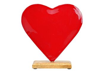 Support cœur sur socle en bois de manguier en métal rouge (L/H/P) 20x21x5cm