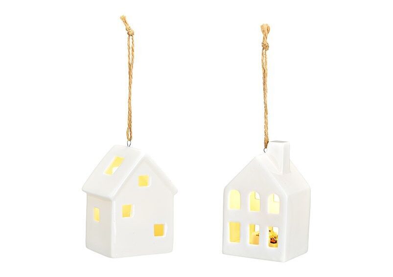 Hänger Haus mit LED, 2xLR44 exklusive aus Porzellan weiß 2-fach, (B/H/T) 6x8x4cm