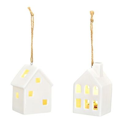 Casa colgante con LED, 2xLR44 exclusiva de porcelana blanca doble, (An/Al/Pr) 6x8x4cm