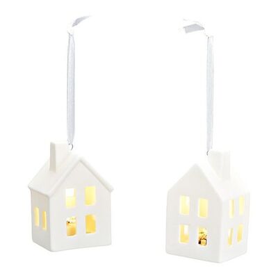 Casa colgante con LED, 2xLR44 exclusiva de porcelana blanca doble, (An/Al/Pr) 6x9x4cm