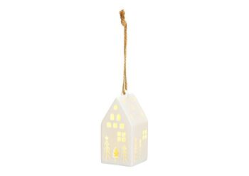 Suspension maison de Noël avec LED, 3xLR44 exclusive en porcelaine blanche (L/H/P) 6x12x6cm