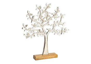 Pied d'arbre sur socle en bois de manguier en métal argenté (L/H/P) 33x37x5cm