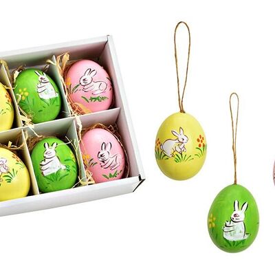 Huevos de Pascua con decoración de conejito, juego de 6, de material natural, colorido (an/al/pr) 6x6x6cm