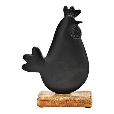 Pollo su base in legno di mango in metallo nero (L/A/P) 15x22x7 cm