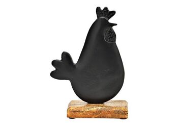 Poulet sur socle en bois de manguier en métal noir (L/H/P) 15x22x7cm