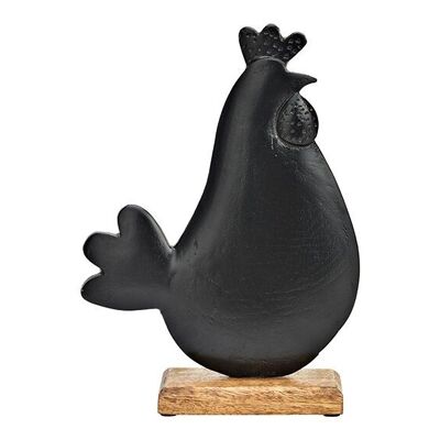 Pollo su base in legno di mango in metallo nero (L/A/P) 23x31x7 cm