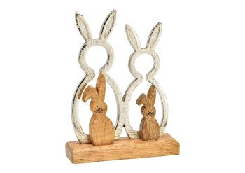 Support familial lapin en métal argenté sur socle en bois de manguier (L/H/P) 12x16x4cm