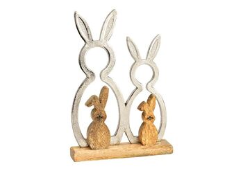 Support familial lapin en métal argenté sur socle en bois de manguier (L/H/P) 16x24x4cm