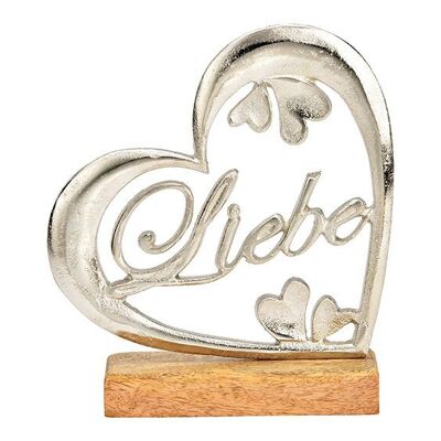 Mesita de amor en forma de corazón de metal plateado sobre base de madera de mang (An/Al/Pr) 18x20x5cm