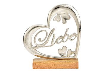 Support d'amour coeur en métal argenté sur socle en bois de manguier (L/H/P) 18x20x5cm