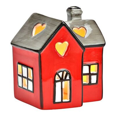 Teelichthalter Haus aus Keramik grau, rot (B/H/T) 10x12x8cm