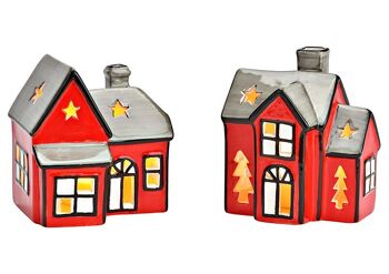 Photophore maison en céramique gris, rouge 2 fois, (L/H/P) 11x12x9cm