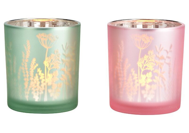 Farol prado de flores de cristal verde, rosa 2 veces, (An/Al/Pr) 7x8x7cm