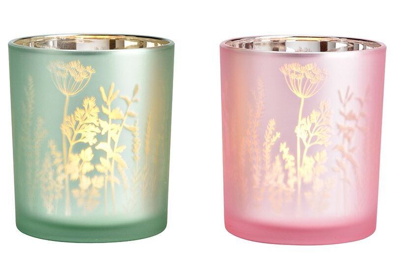 Farol prado de flores de cristal verde, rosa 2 veces, (An/Al/Pr) 9x10x9cm