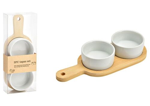 Tapas Set 3-er Set, natur, Bambus Servierbrett (B/H/T) 22x1x8cm 2er Keramik Schale 3cm x Ø7cm