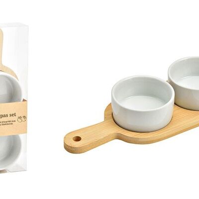 Tapas set of 3, natural, bamboo serving board (W/H/D) 22x1x8cm 2 ceramic bowls 3cm x Ø7cm