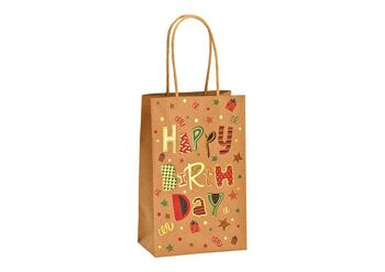 Sac cadeau joyeux anniversaire en papier/carton marron (L/H/P) 13x21x8cm