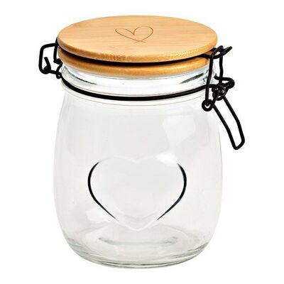 Storage jar heart decor with bamboo lid made of transparent glass (W/H/D) 11x14x11cm 700ml