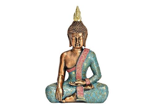 Buddha aus Poly türkis, gold (B/H/T) 17x26x10cm