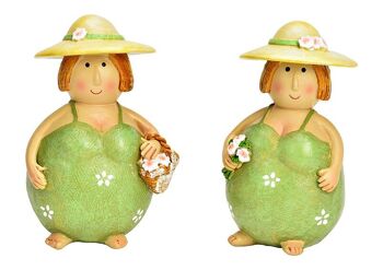 Femme avec chapeau de soleil en poly vert, 2 plis, (L/H/P) 6x10x5cm