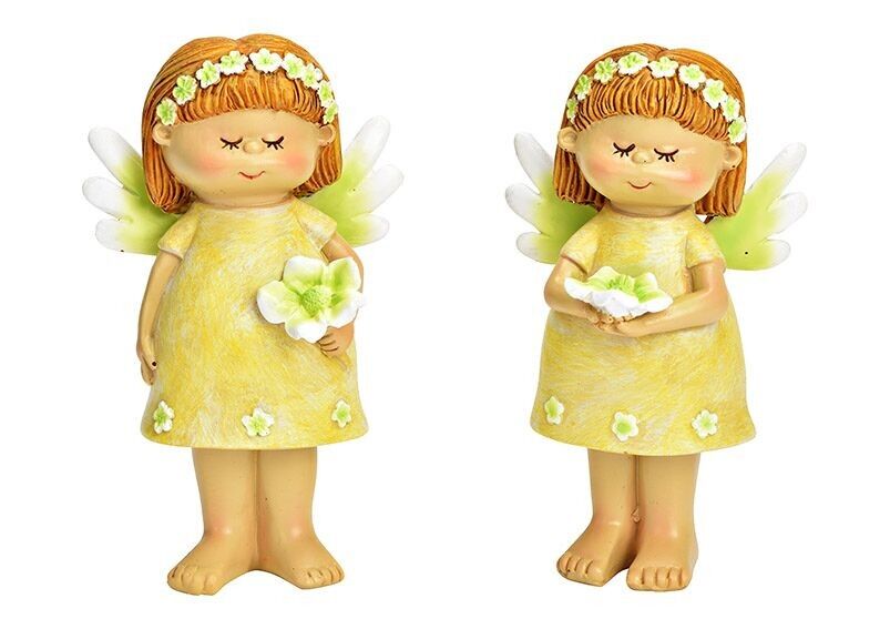 Fairy with flower decoration made of poly yellow 2-fold, (W/H/D) 7x13x5cm
