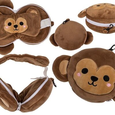 Cuscino da viaggio in peluche per bambini con maschera per gli occhi di scimmia in tessuto marrone (L/A/P) 13x22x10 cm