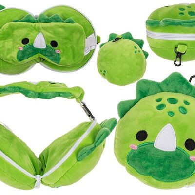 Oreiller de voyage en peluche pour enfants avec masque pour les yeux dinosaure en textile vert (L/H/P) 17x14x10cm