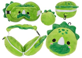 Oreiller de voyage en peluche pour enfants avec masque pour les yeux dinosaure en textile vert (L/H/P) 17x14x10cm