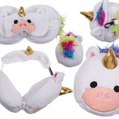 Cuscino da viaggio in peluche per bambini con maschera per gli occhi di unicorno, in tessuto bianco (L/A/P) 15x14x14 cm